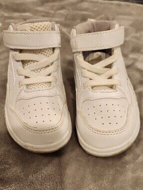 Kids White High-Top Sneakers with Hook-and-Loop Strap, Size 7